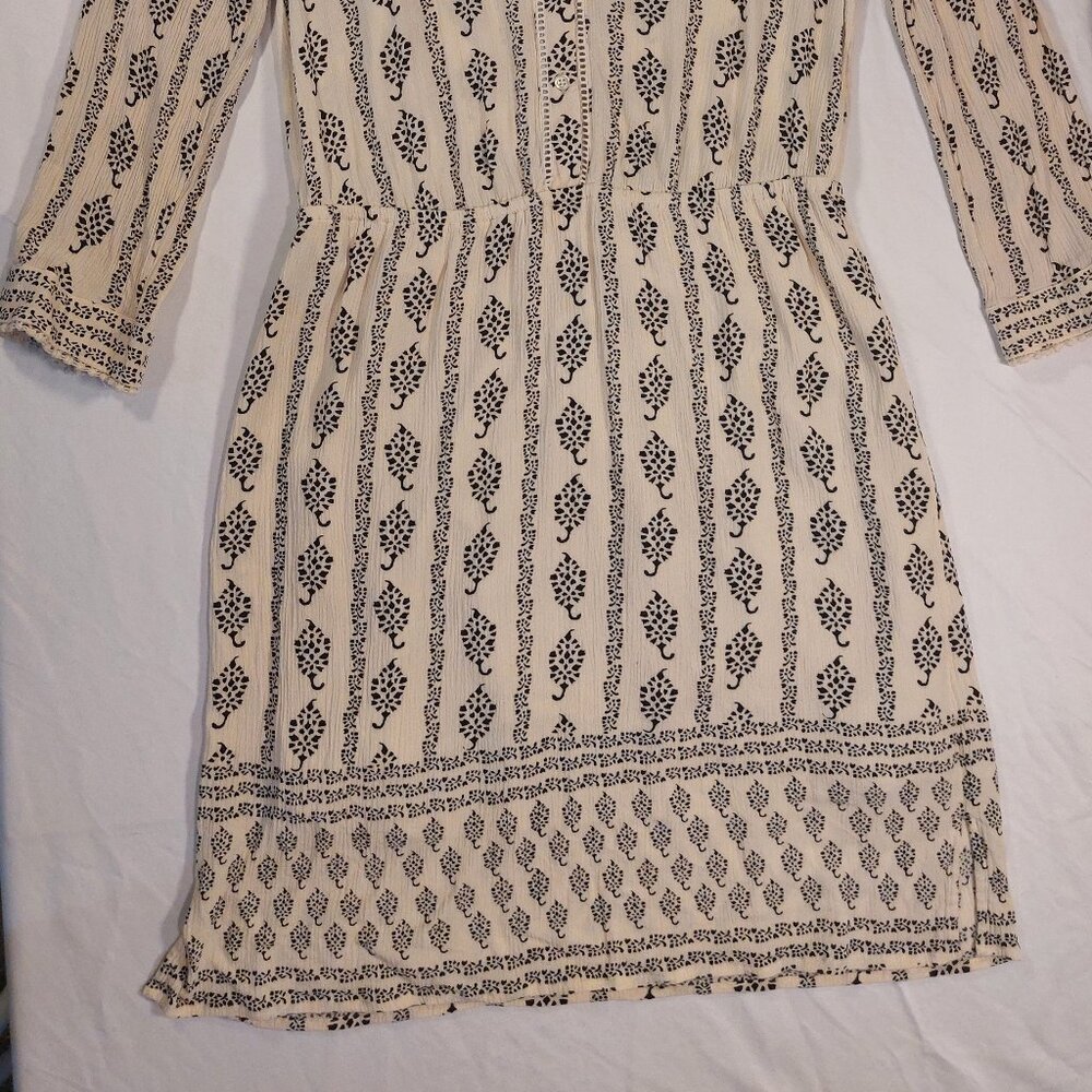 Loft Cream and Black Long Sleeve Half Button Down Boho Sheath Dress - Picture 2 of 15